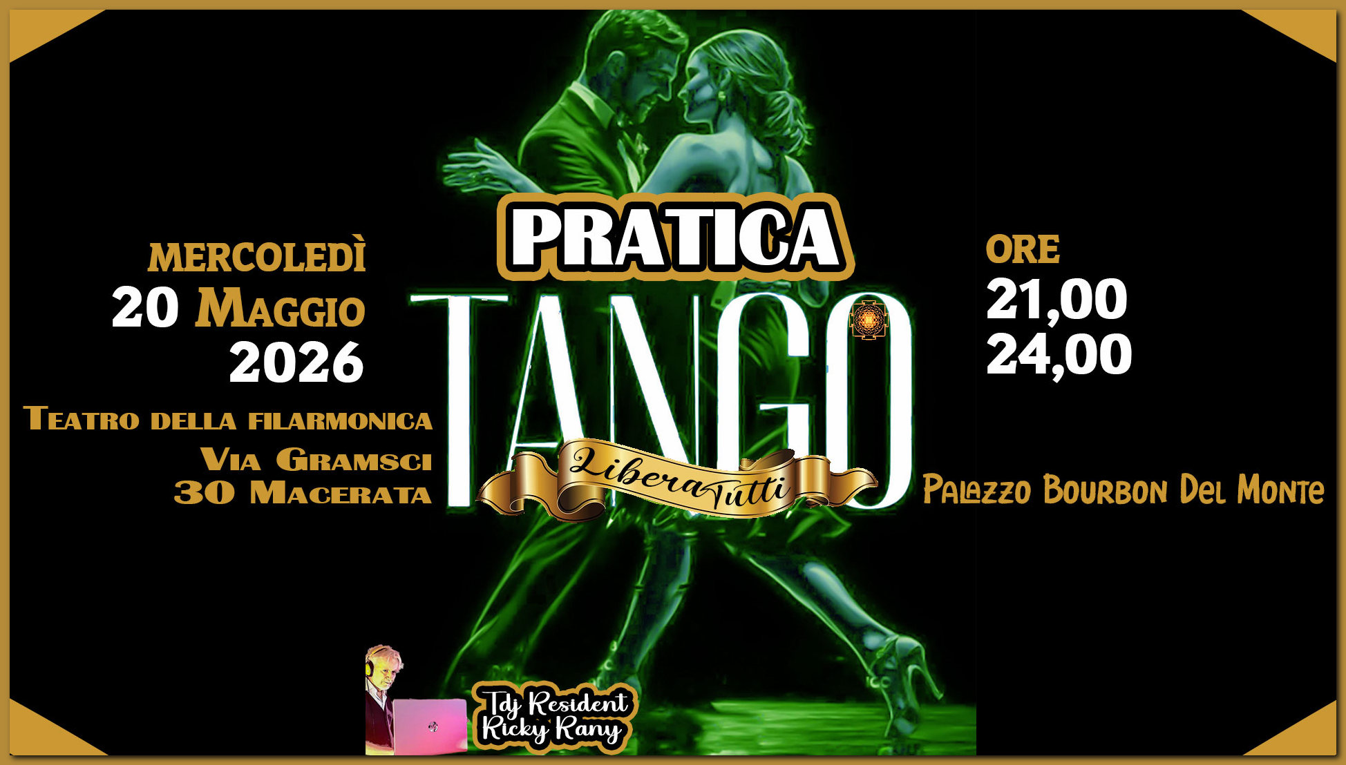 PraticaLiberaTutti💃Tande e cortine. Dalle 21 alle 24. Il Mercoledì Tango in Filarmonica-Macerata💋
