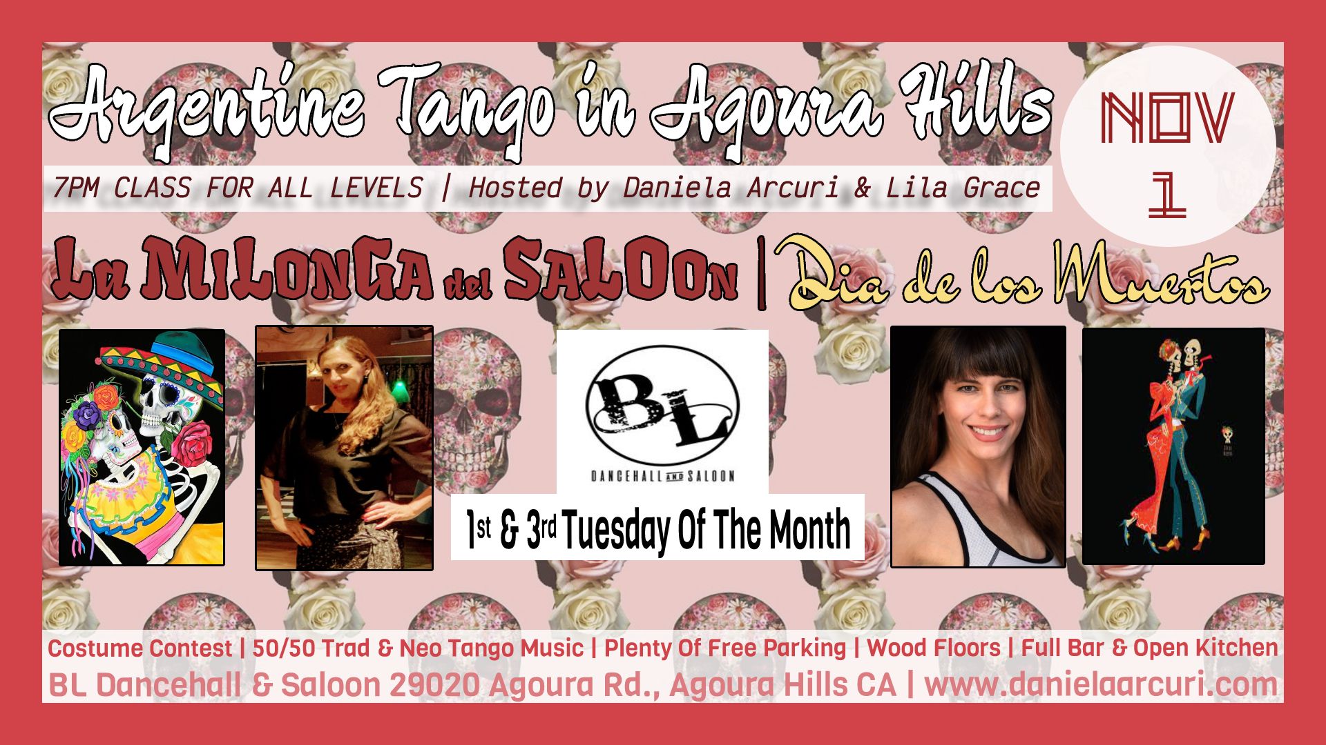 La Milonga del Saloon Dia de los Muertos 7pm Class 8pm Dance 50 50 TRA-NEO Costume Contest