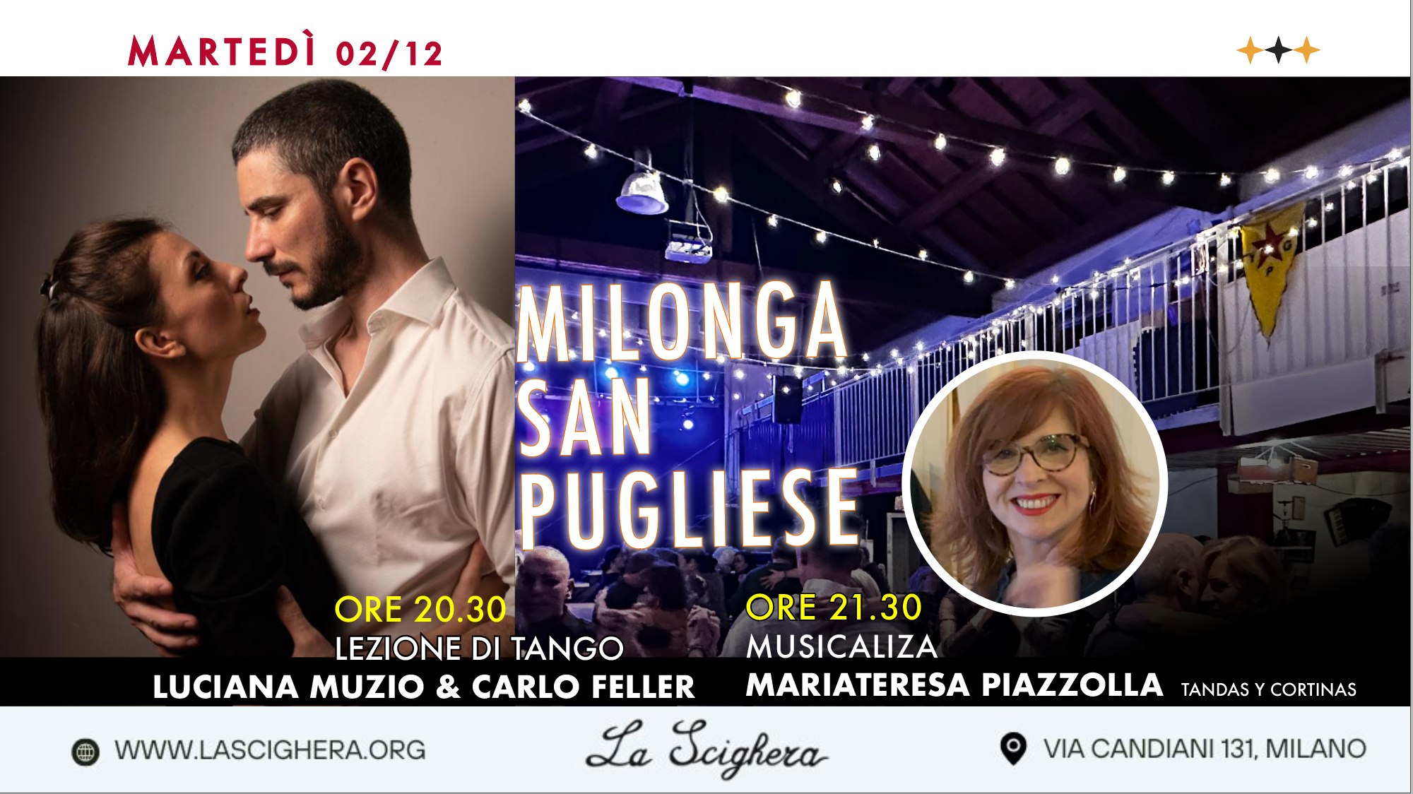 Milonga San Pugliese, Tdj MariaTeresa Piazzolla + lezione Muzio-Feller in pre serata