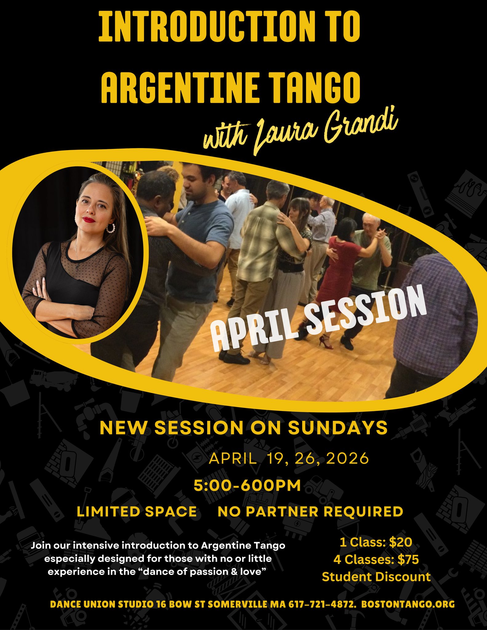 APRIL EDITION of Introduction to Argentine Tango w Laura Grandi. Take this Class & the 6pm FREE