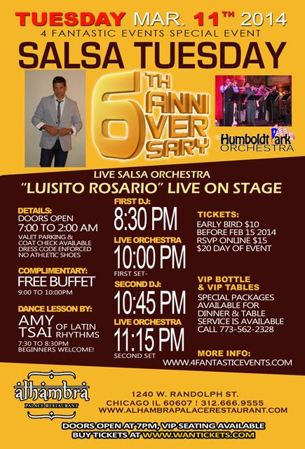 Salsa Tuesday 6yr Anniversary @ Alhambra featuring "Luisito Rosario" live on stage!