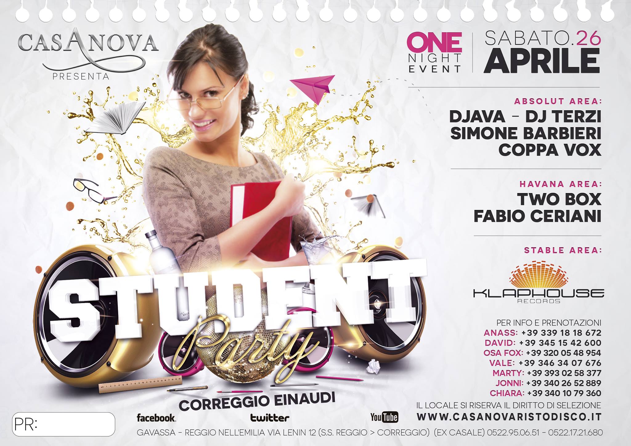 ● CASANOVA ● SABATO 26 APRILE ● STUDENT PARTY CORREGGIO●
