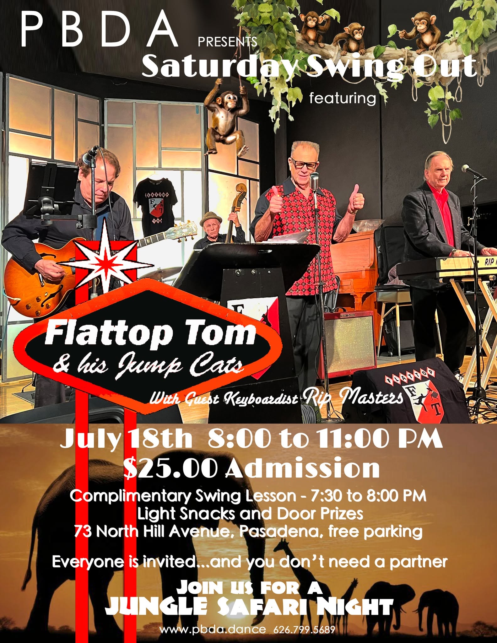 Summer Themes Kick Off on SATURDAY, JULY 18: "JUNGLE-SAFARI" w FLATTOP TOM & HIS JUMP CATS at PBDA!