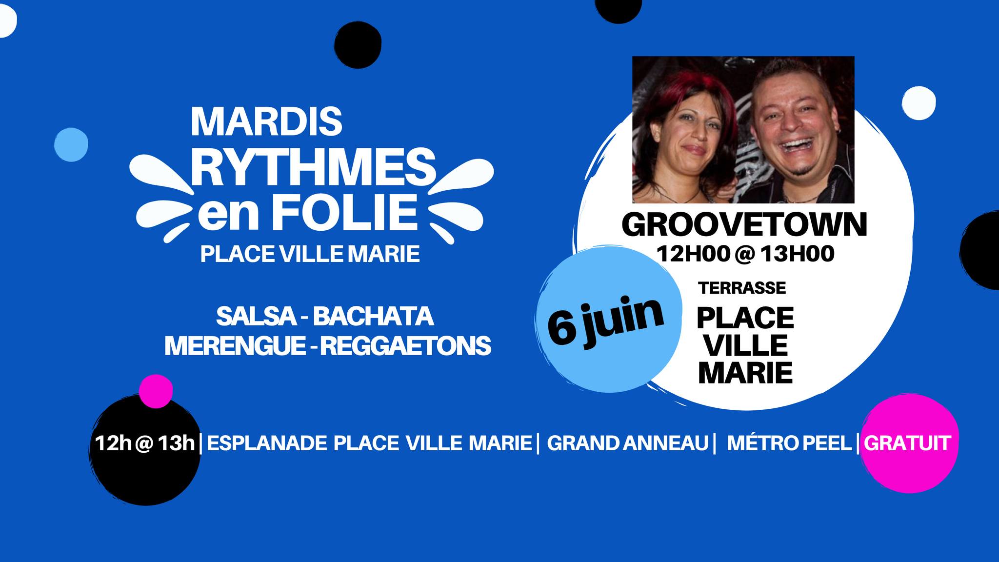 Mardis RYTHMES EN FOLIE à l'Esplanade PLACE VILLE MARIE avec duo Groovetown Latin