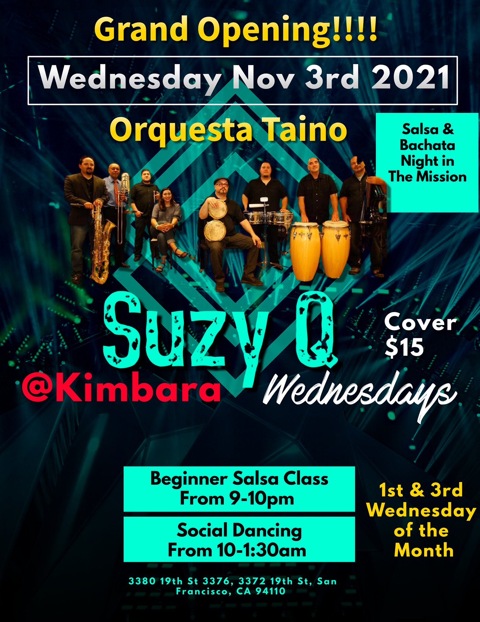 Suzy Q Wednesdays at Kimbara - Grand Opening - Live Salsa by Orquesta Taino Wednesday Nov 3rd 2021