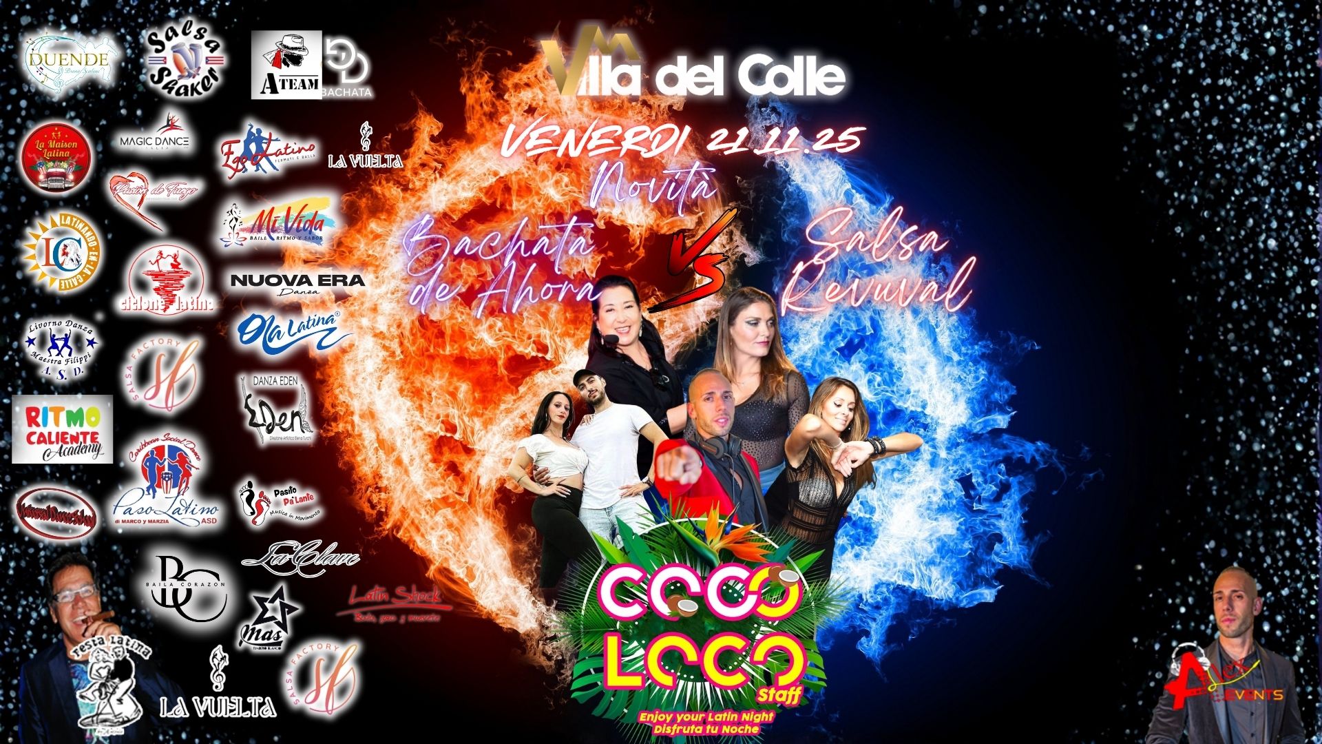 Venerdi 21 11 25 Bachata de Ahora vs Salsa Revival CocoLoco Latino @Villa del Colle