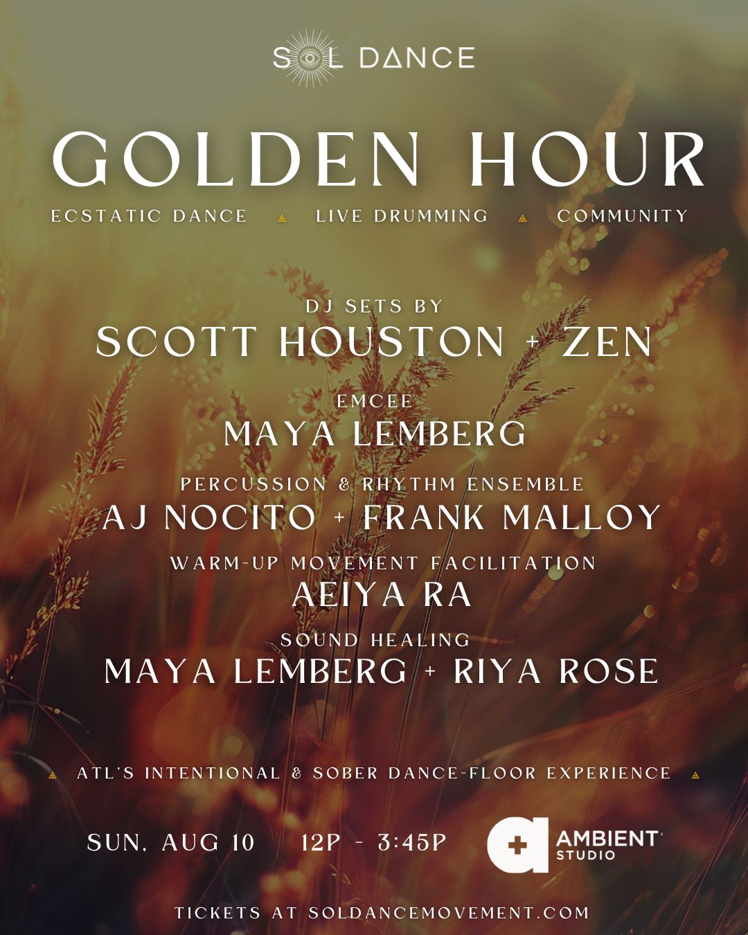 GOLDEN HOUR - Sol Dance's 2nd Sunday (Aug) Ecstatic Dance - INDOORS at Ambient + Studio