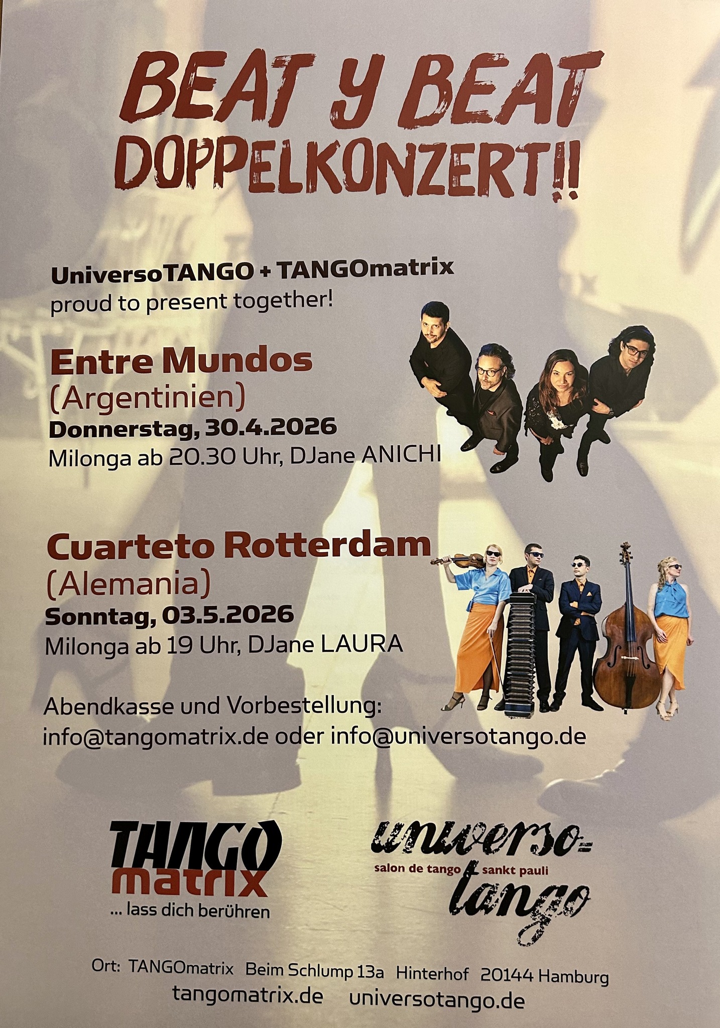 Tanz in den Mai 30.4. 🎶 live „Entre Mundos“ ! und Tanz im Mai 3.5. 🎶 „Cuarteto Rotterdam“ !
