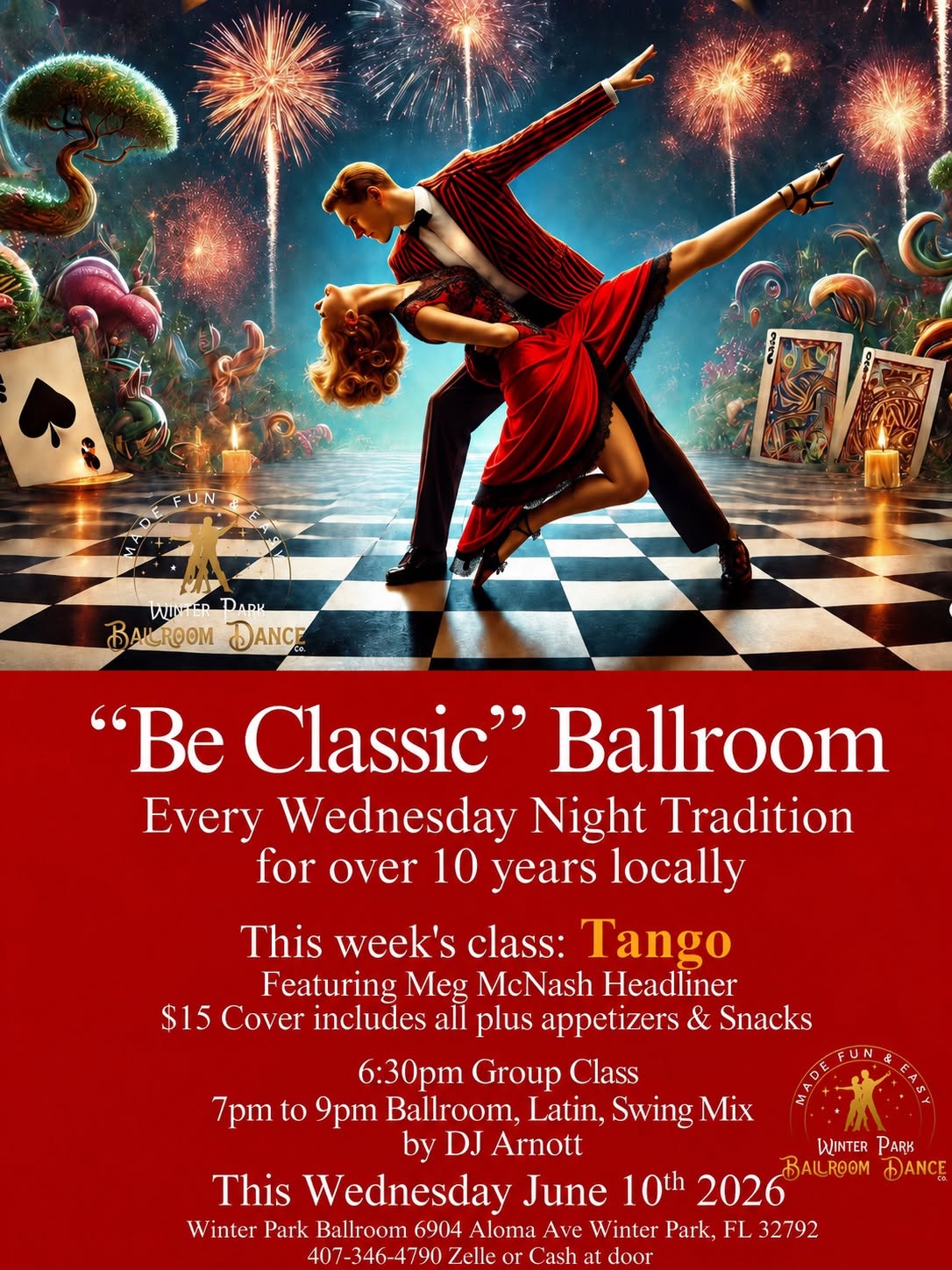 Meg McNash is Headliner Wednesday "Be Classic" Ballroom Dance w. Tango Fun Class