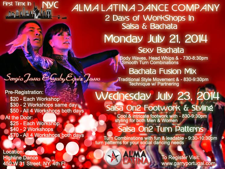 NYC SALSA & BACHATA WORKSHOPS WITH WORLD RENOWNED CHAMPIONS ALMA LATINA, SERGIO & GABY