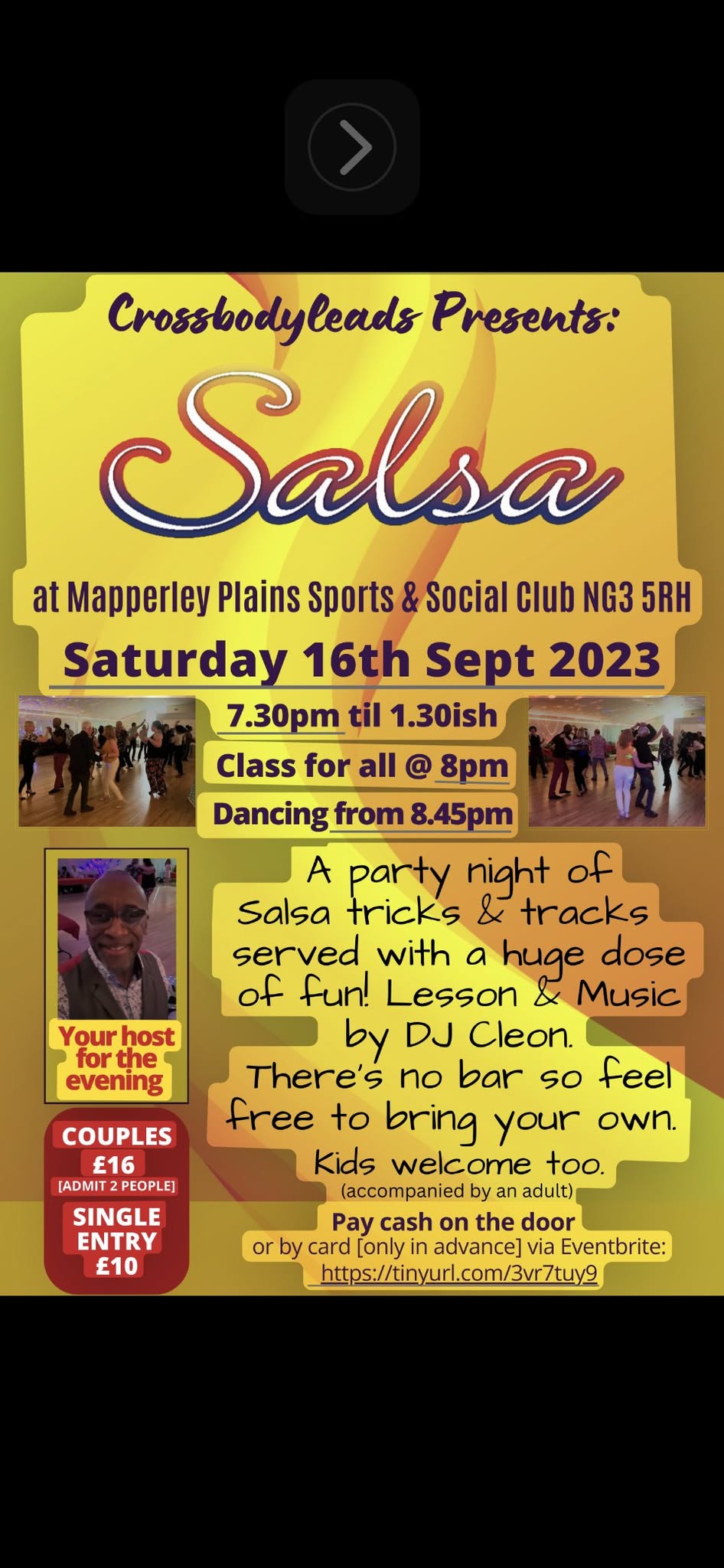 Crossbodyleads Salsa with Cleon and team, kids under 16 are free, No bar. Bring your own drinks