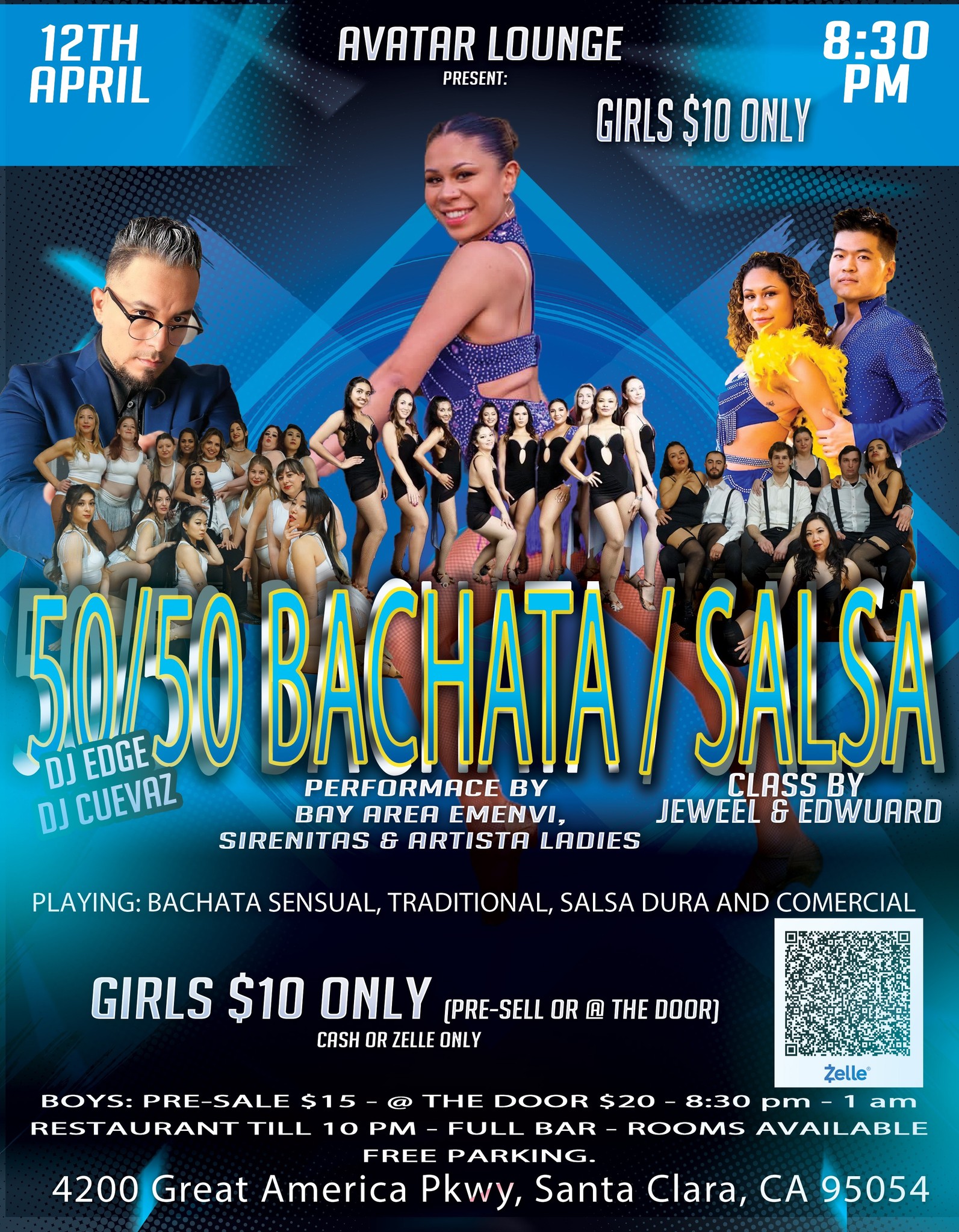 50 50 Bachata Salsa Girls $10, Dj Edge Dj Cuevaz, dance class, Jewell & Edward