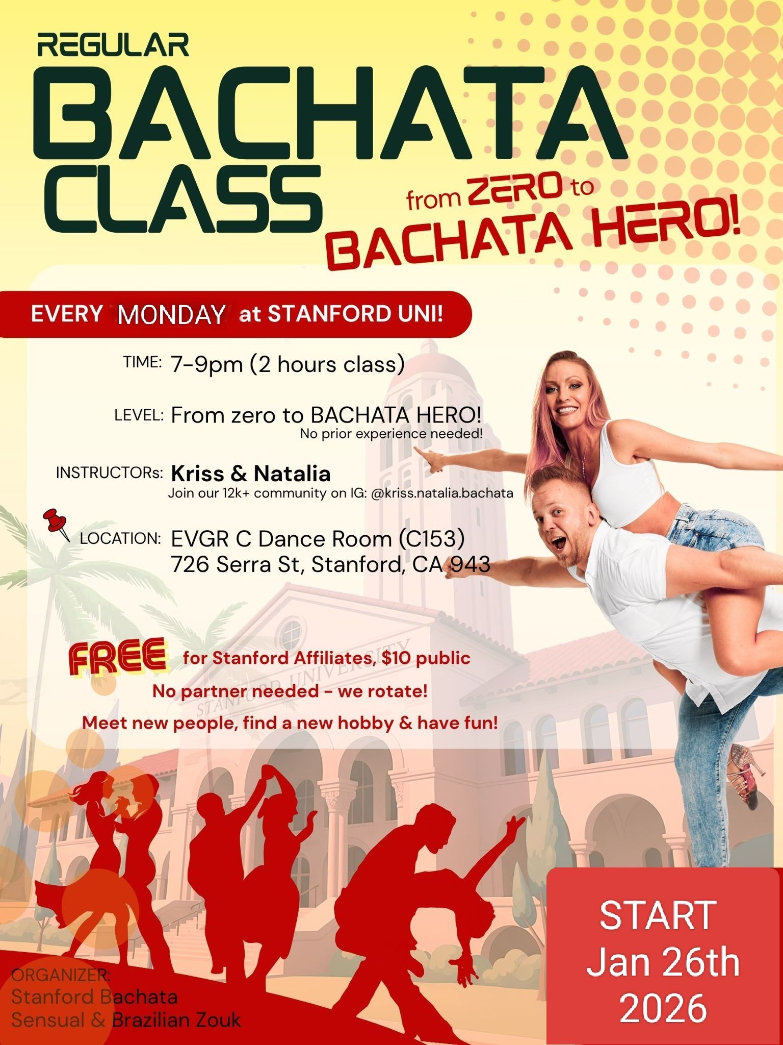 Stanford Monday Bachata Class by Kriss & Natalia (2h Class)