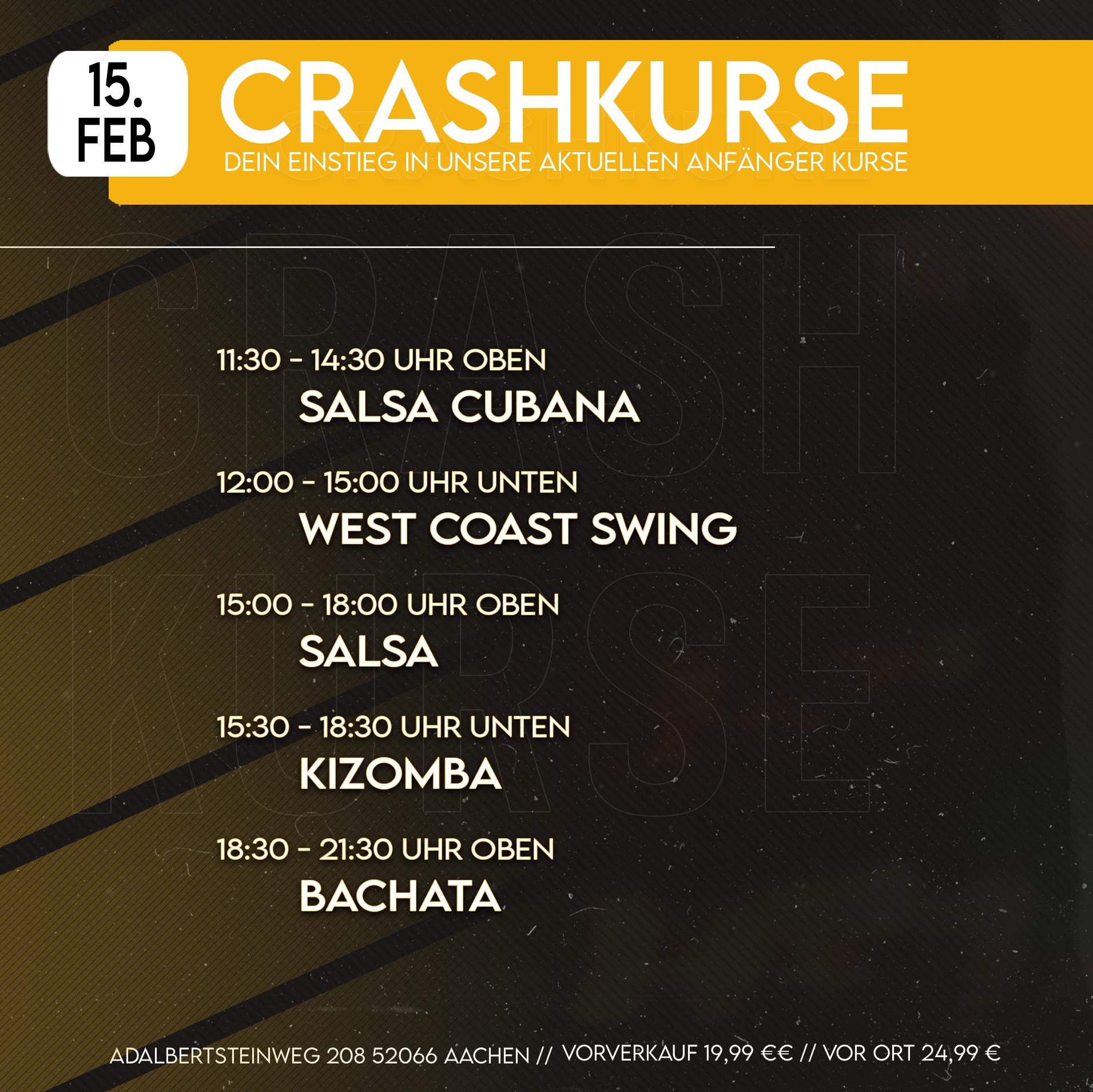 Crashkurse Salsa Cubana, WCS, Salsa, Kizomba & Bachata